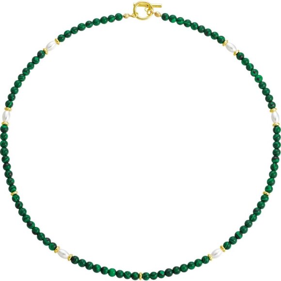 Jewelry - Natural Green Malachite Necklace 17in Beaded Choker with Gold Beads Pearl